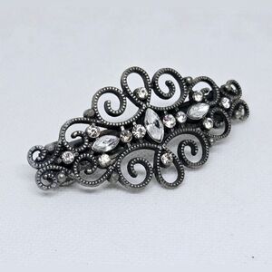 Vintage Dark Silvery Filigree and Rhinestone Hair Barrette